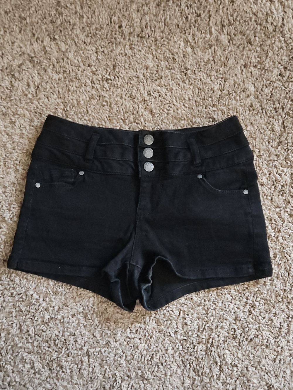 Blue Spice Jean Shorts | Black High-Waisted Triple-Button Shorts